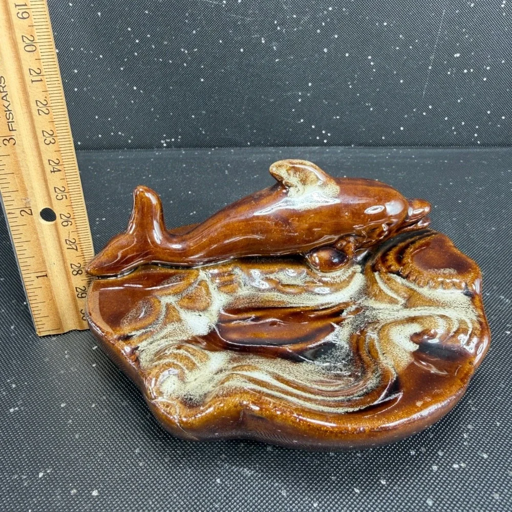 Vintage Ceramic‎ Dolphin Figurine Drip Glaze Brown Tan Coastal Art Pottery 5in